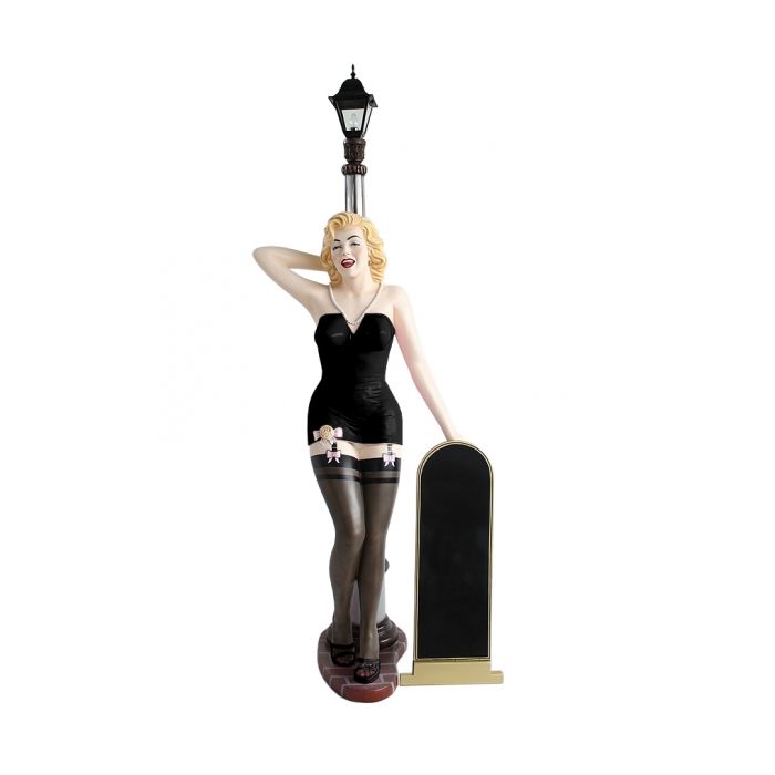Marilyn schwarz schwarz mit Laterne und Angebotstafel lebensgroß Dekorationsfigur