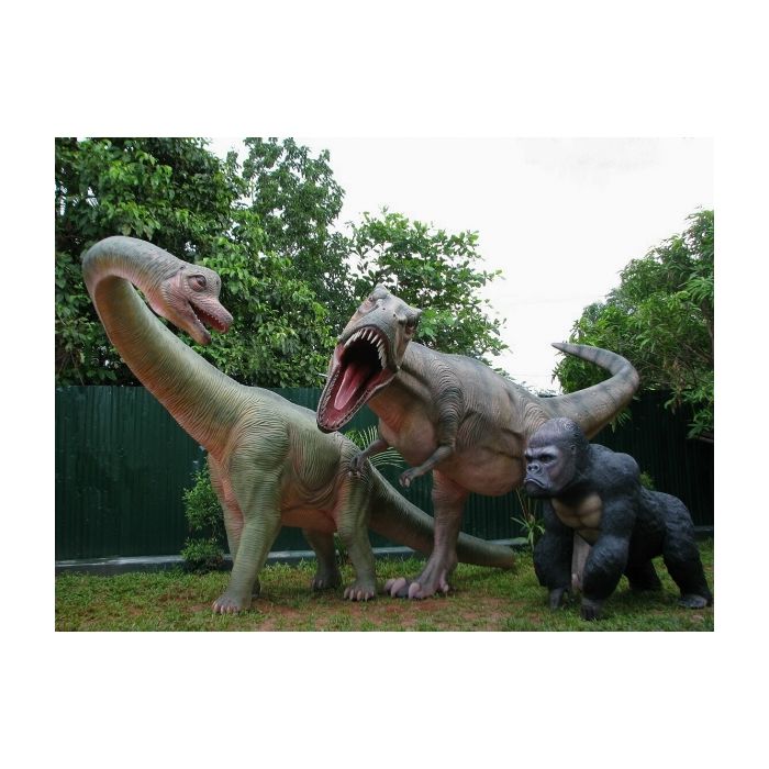 Dinosaurier Brachiosaurus mit Tyrannosaurus und Gorilla lebensgroß Deko- & Werbefigur