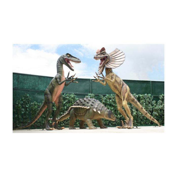 Dinosaurier Velociraptor, Dilophosaurus greifen Edmontonia an lebensgroß Deko- & Werbefigur