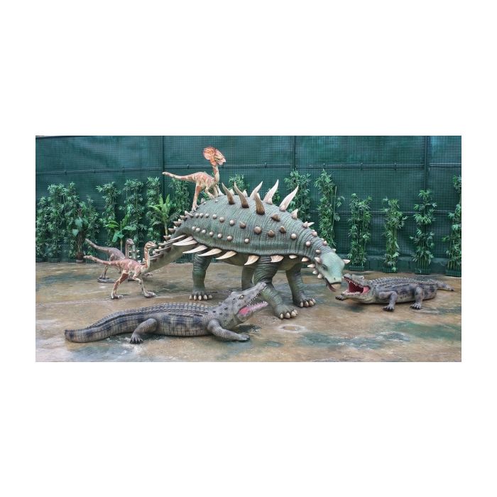 Dinosaurier Gastonia mit kleinen Raptors und Krokodilen lebensgroß Deko- & Werbefigur