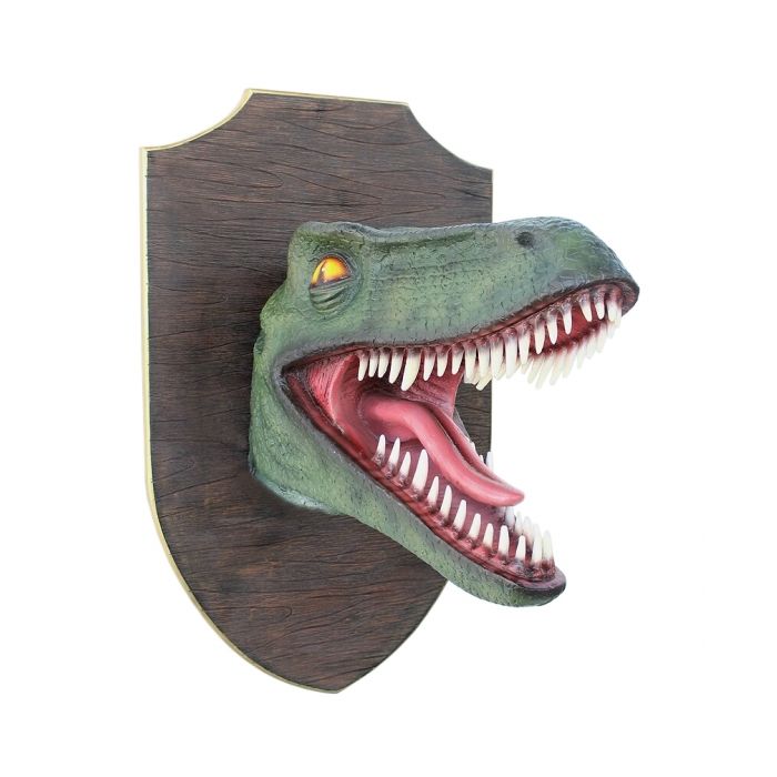 Dinosaurier Raptorkopf grün auf Holz lebensgroß Dekoköpfe & Büsten