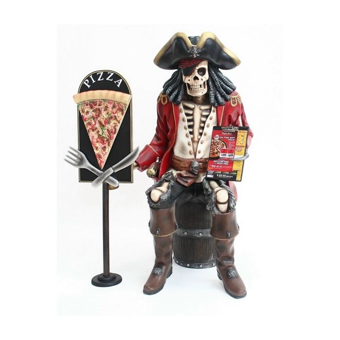 Piratenskelett auf Weinfass mit Pizzaschild lebensgroß Deko- & Werbefigur