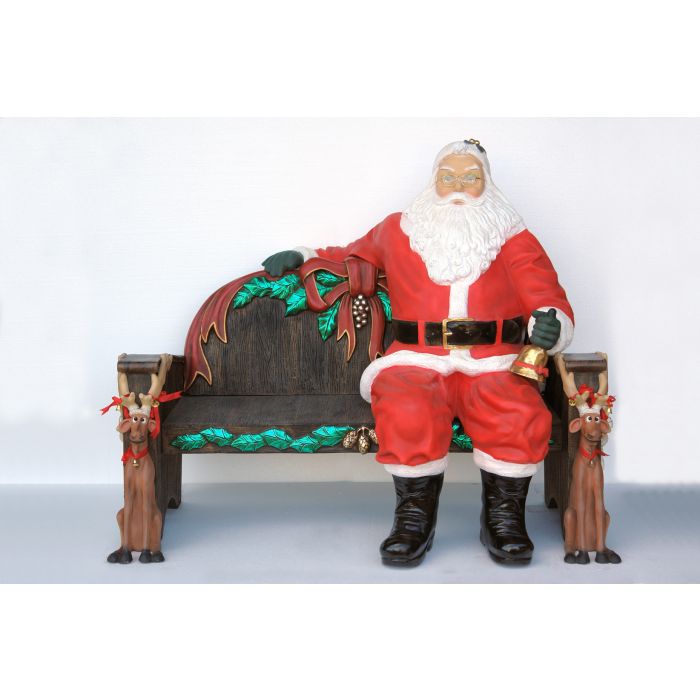 sitzender lebensgroßer Weihnachtsmann mit Glocke auf Weihnachtsbank als SET lebensgroß Deko- & Werbefigur, Sitzmöglichkeit