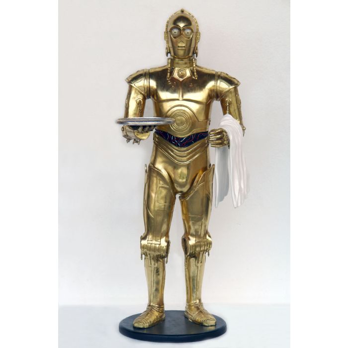 Android als Butler mit Tablett und Handtuch in Gold lebensgroß Dekorationsfigur