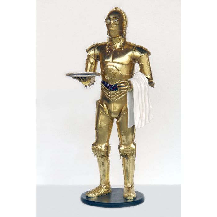 Android als Butler mit Tablett und Handtuch in Gold lebensgroß Dekorationsfigur