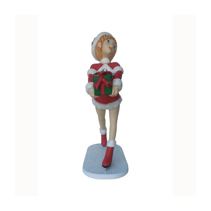 Weihnachtsmädchen auf Schlittschuhen mit Geschenk lebensgroß Deko- & Werbefigur