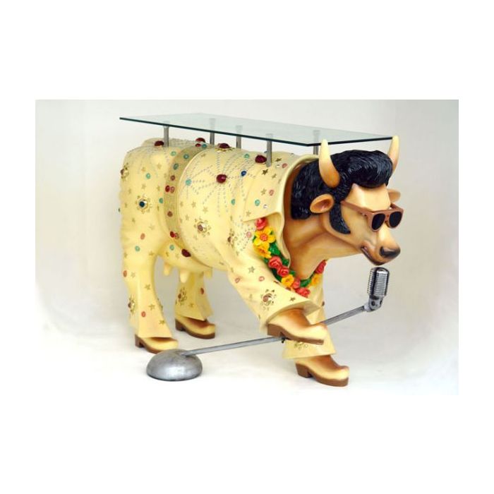 Elvis Kuh mit Mikrofon und Glastisch lebensgroß Tisch
