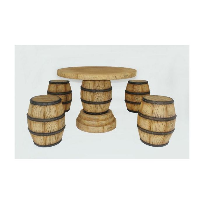 Tischset aus 4 Weinfasshockern und Weinfasstisch lebensgroß Sitzmöglichkeit, Tisch