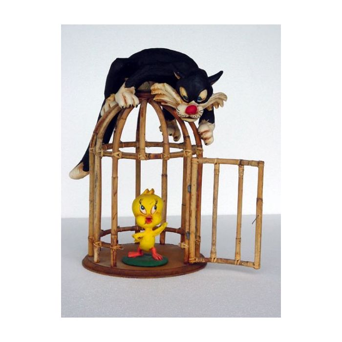 Katze und Vogel am Käfig lebensgroß Dekorationsfigur
