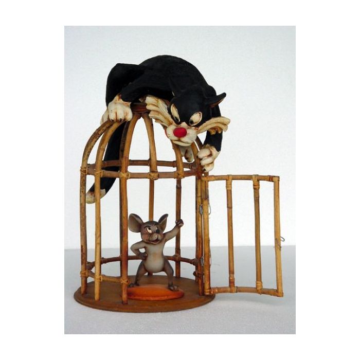 Katze und Maus am Käfig lebensgroß Dekorationsfigur