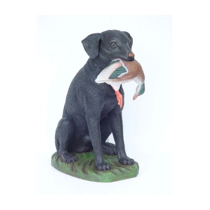 Jagender schwarzer Hund mit Ente lebensgroß Dekorationsfigur