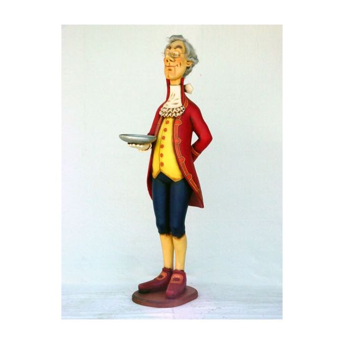 Lustiger Kellner mit Tablet lebensgroß Dekorationsfigur