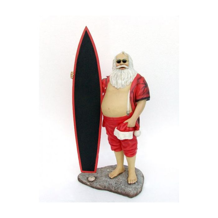 Weihnachtsmann als Surfer mit Angebotstafel klein verkleinert Deko- & Werbefigur