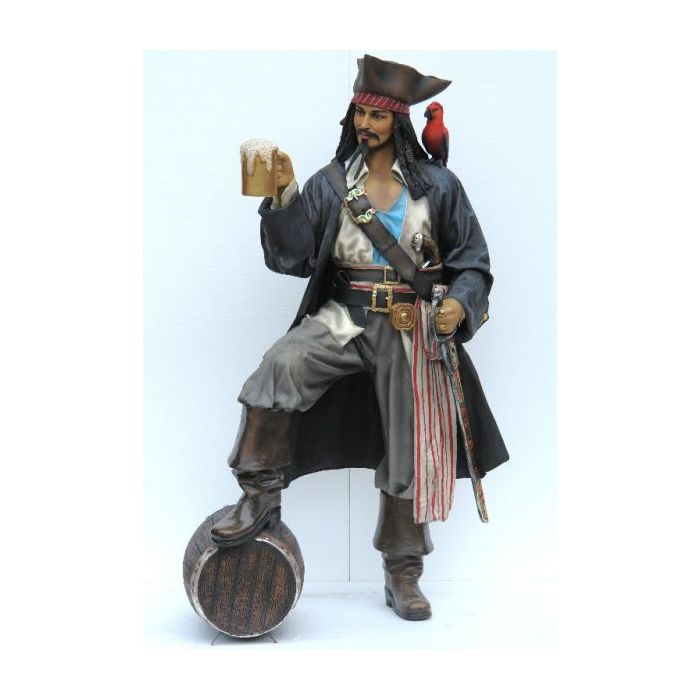Pirat Captain Jack Sparrow mit Faß lebensgroß Deko- & Werbefigur