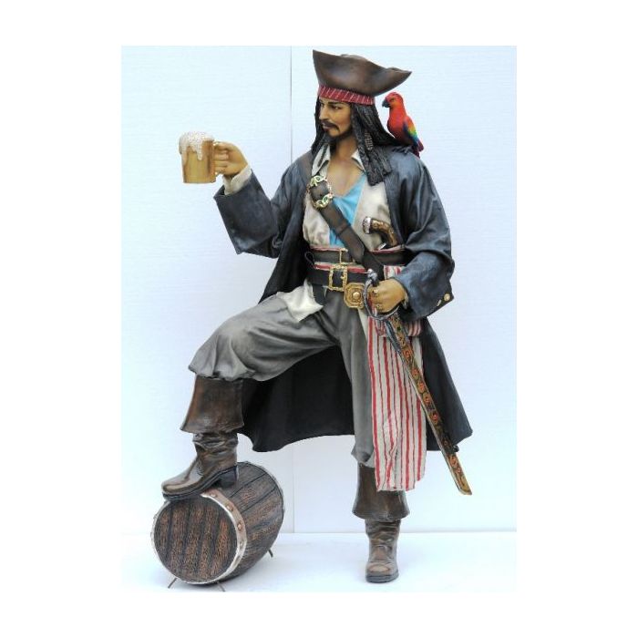 Pirat Captain Jack Sparrow mit Faß lebensgroß Deko- & Werbefigur
