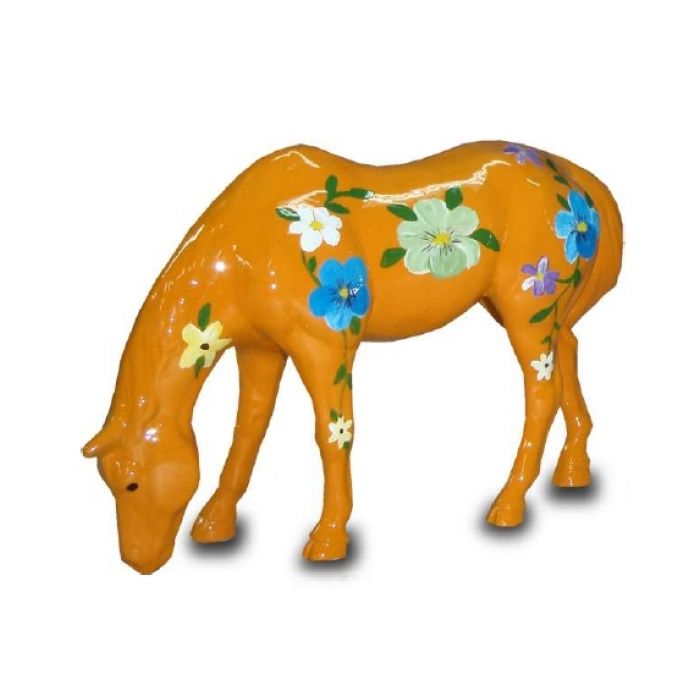 Modernes Pferd mit dekorativer Blumenbemalung orange lebensgroß Dekorationsfigur
