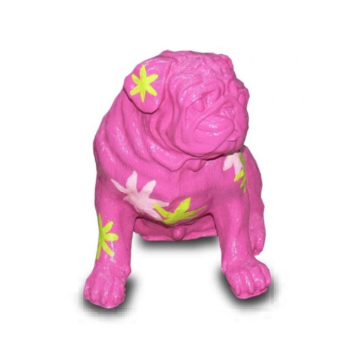 Mops pink mit dekorativer Blumenbemalung modern lebensgroß Dekorationsfigur