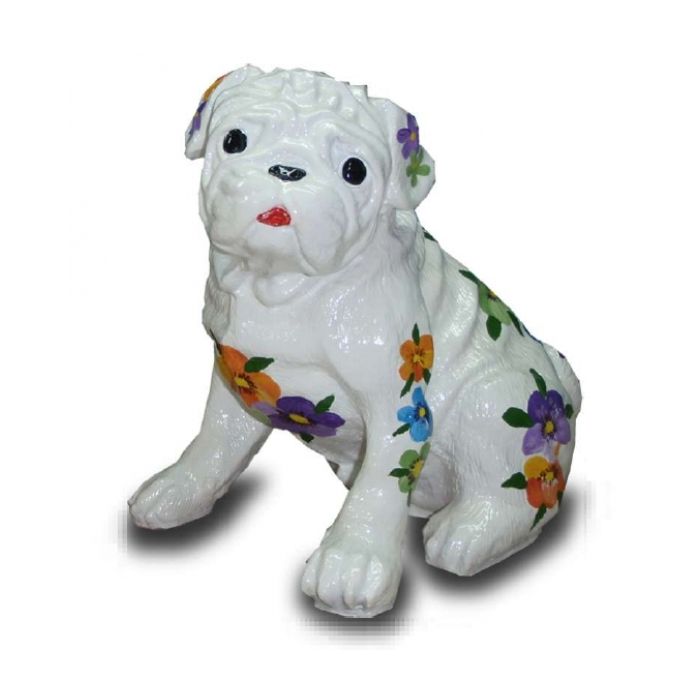 Mops weiß mit dekorativer Blumenbemalung lebensgroß Dekorationsfigur