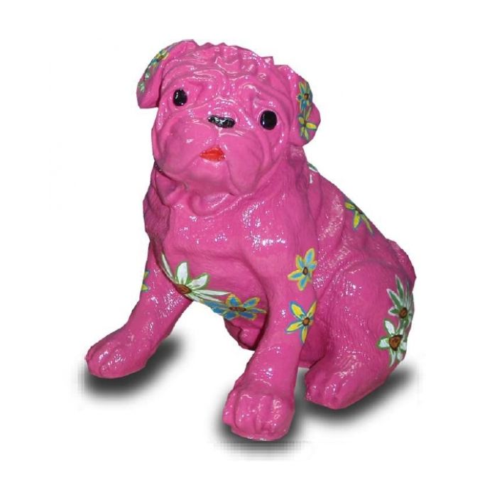 Mops pink mit dekorativer Blumenbemalung lebensgroß Dekorationsfigur