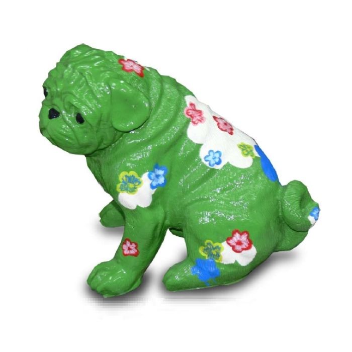 Mops grün mit dekorativer Blumenbemalung modern lebensgroß Dekorationsfigur