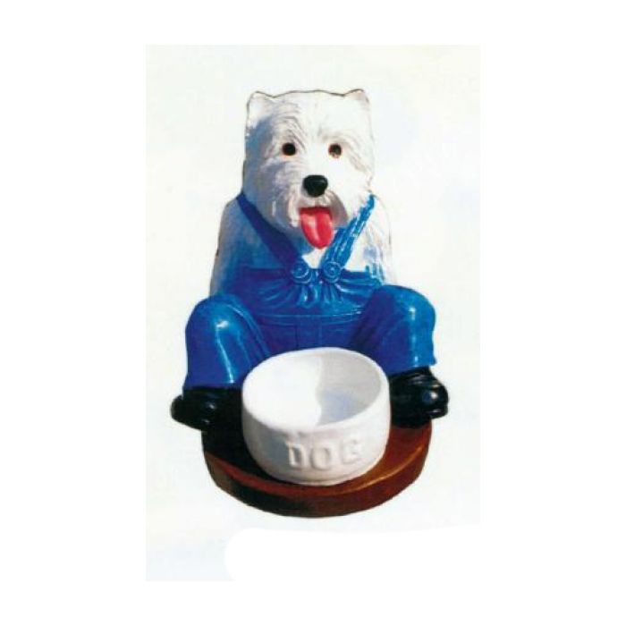 West Highland Terrier sitzend mit Napf und Latzhose lebensgroß Dekorationsfigur