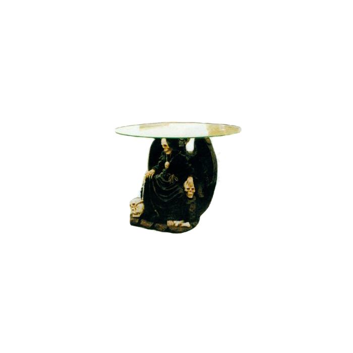 Glastisch mit sitzendem Skelett verkleinert Tisch