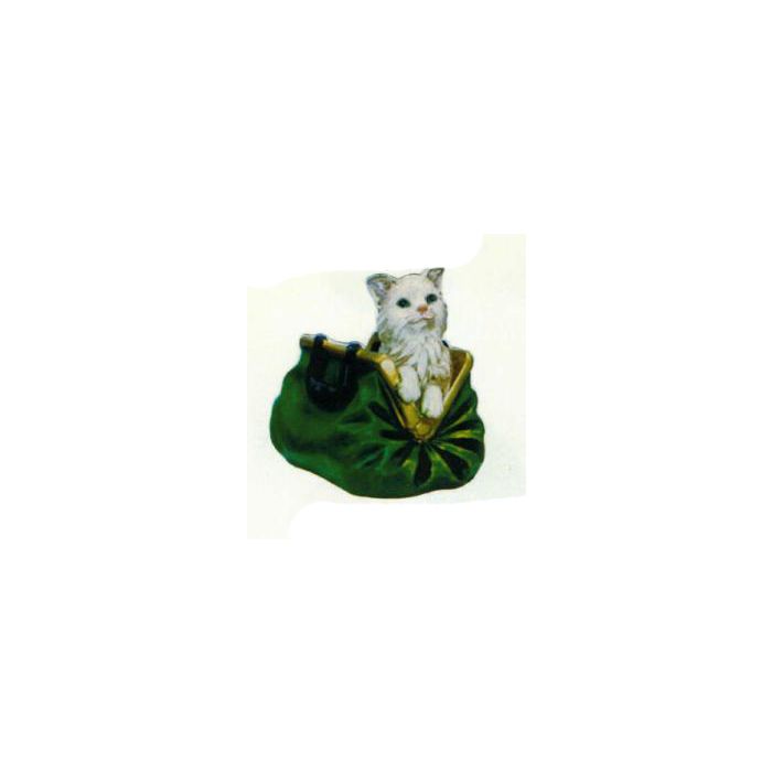 Katze in grüner Handtasche klein lebensgroß Dekorationsfigur