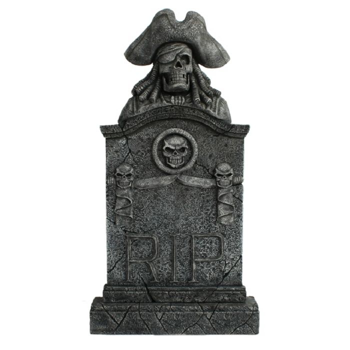 Piratenskelett Grabstein mit Totenköpfen RIP lebensgroß Dekorationsfigur