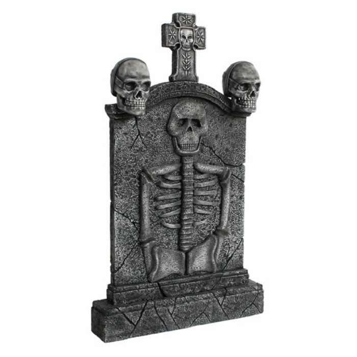 Totenkopf und Kreuz Grabstein mit Skelett lebensgroß Dekorationsfigur