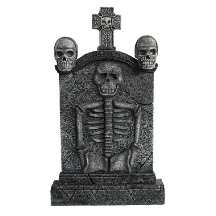 Totenkopf und Kreuz Grabstein mit Skelett lebensgroß Dekorationsfigur