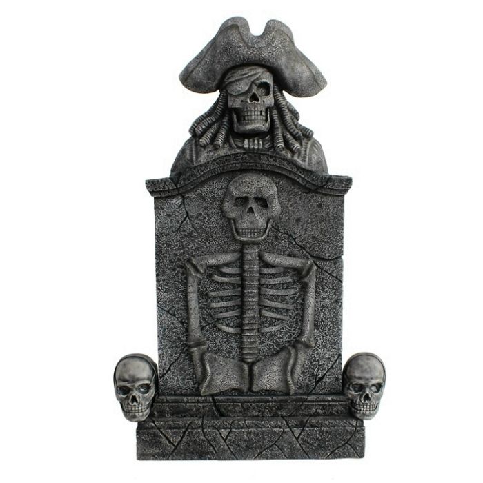 Piratenskelett und Totenköpfe Grabstein mit Skelett lebensgroß Dekorationsfigur