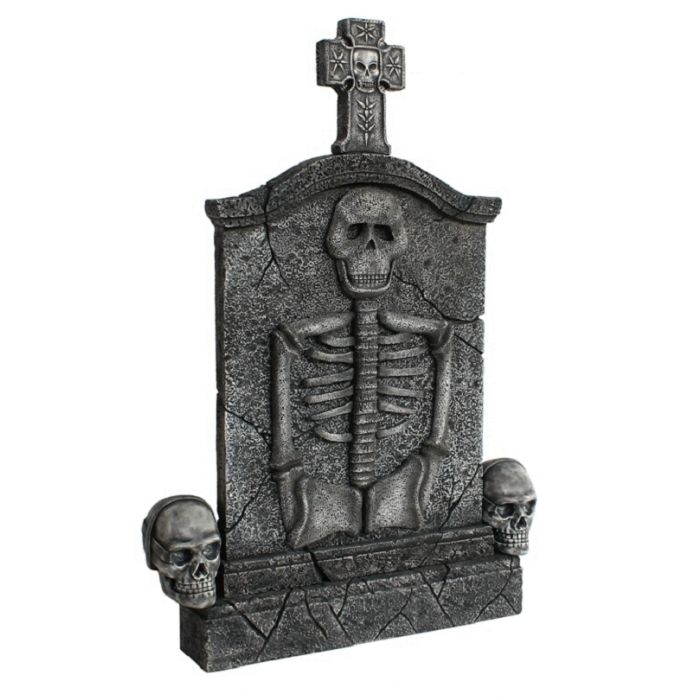 Kreuz Grabstein mit Skelett und Totenköpfen lebensgroß Dekorationsfigur