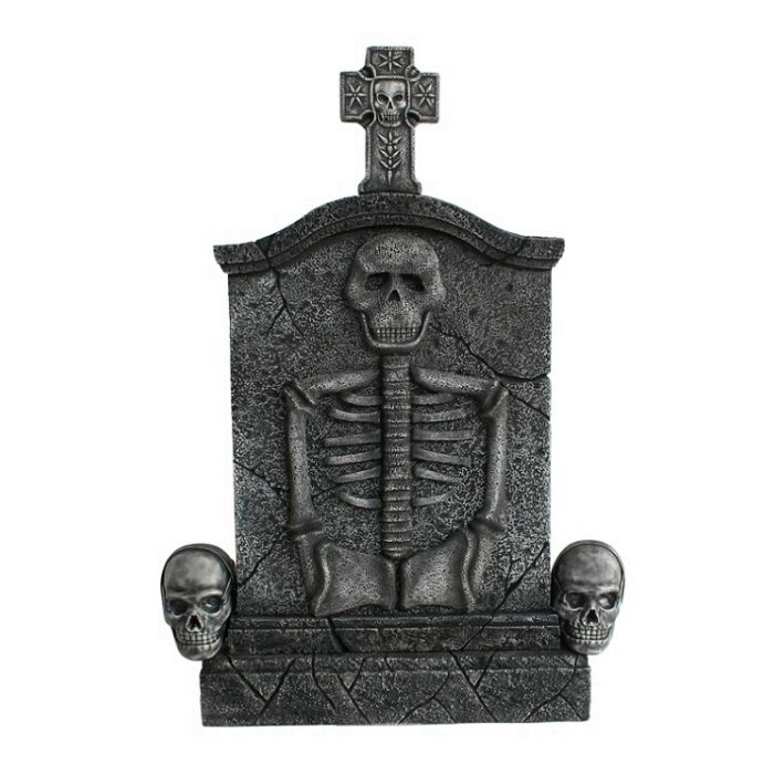 Kreuz Grabstein mit Skelett und Totenköpfen lebensgroß Dekorationsfigur