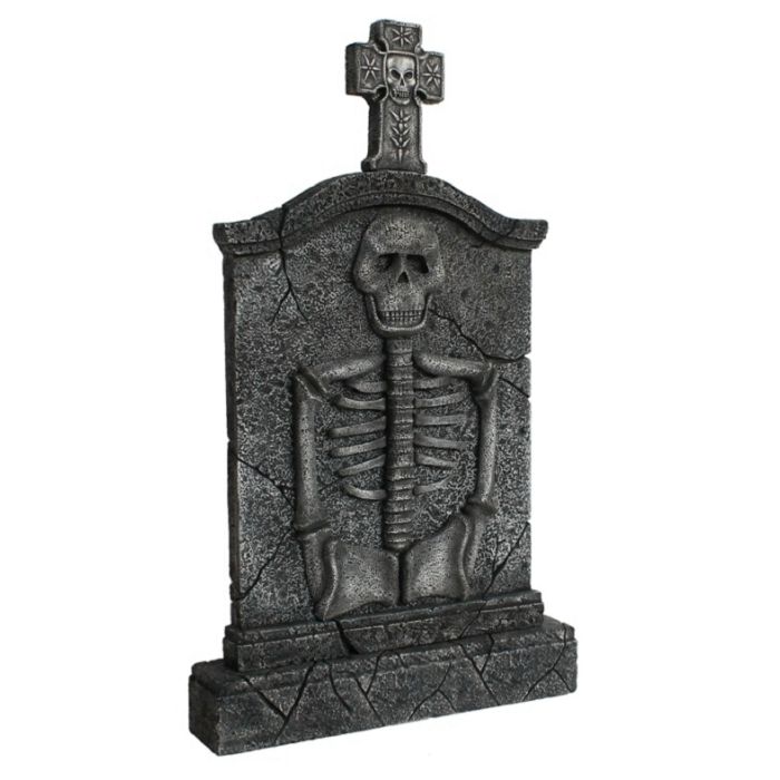 Kreuz Grabstein mit Skelett lebensgroß Dekorationsfigur