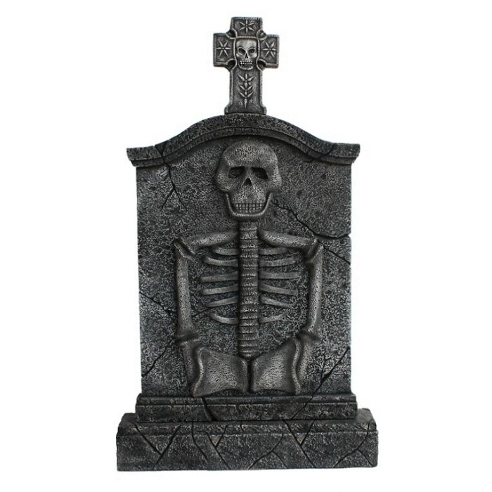 Kreuz Grabstein mit Skelett lebensgroß Dekorationsfigur