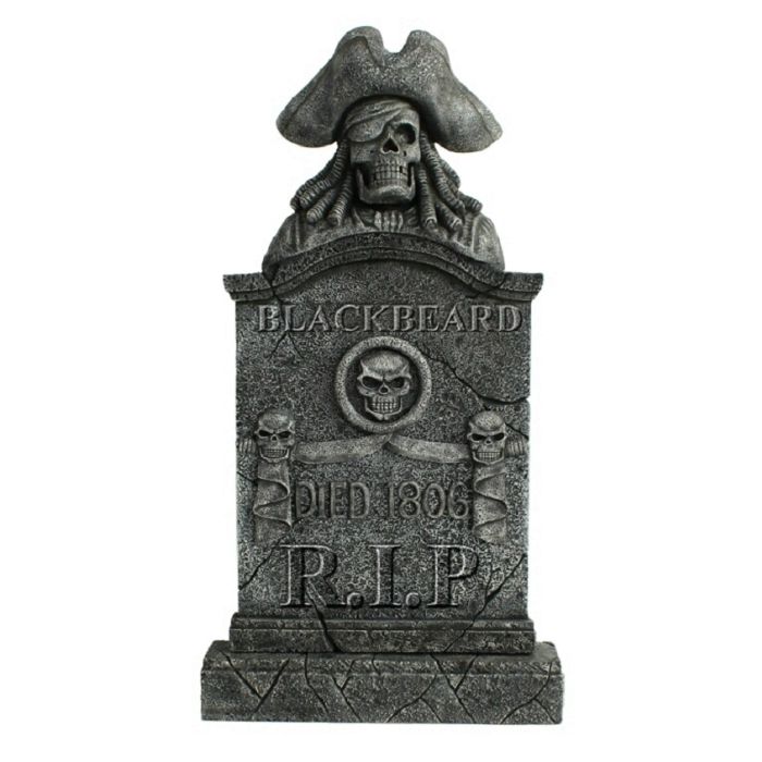 Piratenskelett Grabstein Blackbeard mit Totenköpfen lebensgroß Dekorationsfigur