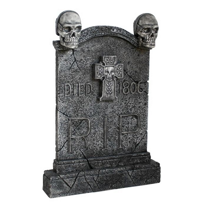 Totenkopf Grabstein mit Kreuz lebensgroß Dekorationsfigur