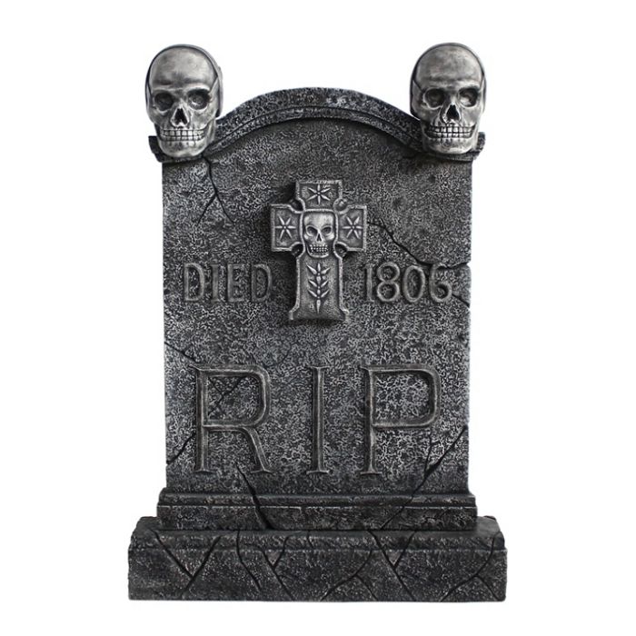 Totenkopf Grabstein mit Kreuz lebensgroß Dekorationsfigur
