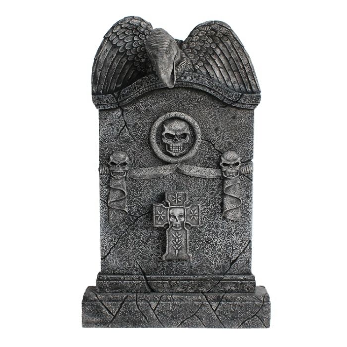 Geier Grabstein mit Totenköpfen und Kreuz lebensgroß Dekorationsfigur