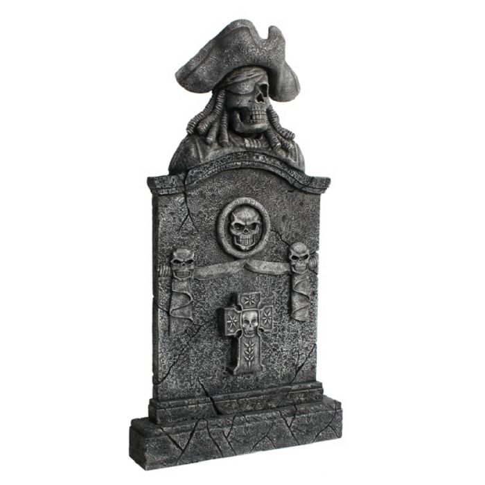Piratenskelett Grabstein mit Totenköpfen und Kreuz lebensgroß Dekorationsfigur