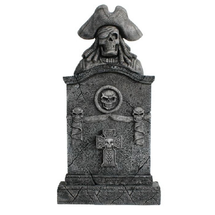 Piratenskelett Grabstein mit Totenköpfen und Kreuz lebensgroß Dekorationsfigur