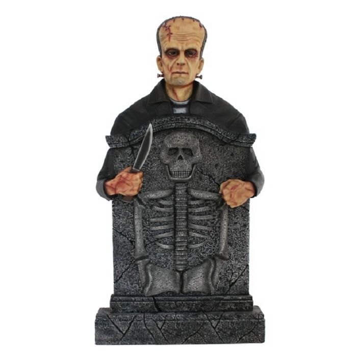 Monster Frankenstein Grabstein mit Skelett lebensgroß Dekorationsfigur