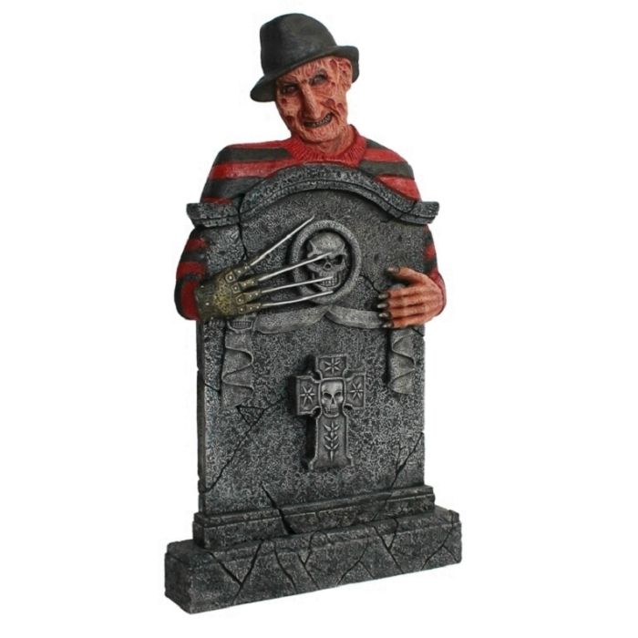 Freddy Krüger Grabstein mit Totenköpfen und Kreuz lebensgroß Dekorationsfigur