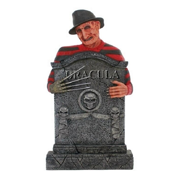Freddy Krüger Grabstein mit Totenköpfen und Dracula lebensgroß Dekorationsfigur