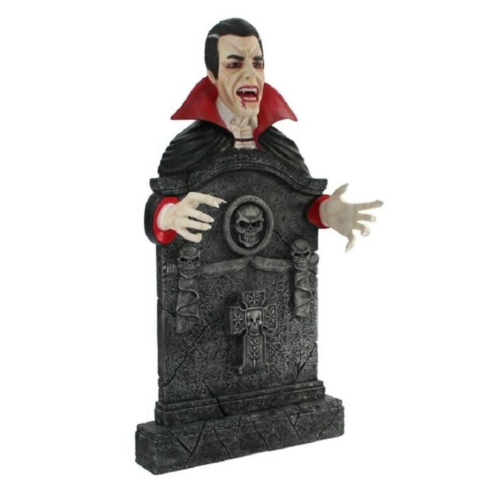 Dracula Grabstein mit Totenköpfen und Kreuz lebensgroß Dekorationsfigur