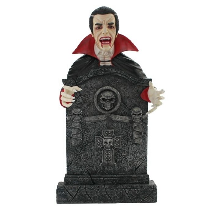 Dracula Grabstein mit Totenköpfen und Kreuz lebensgroß Dekorationsfigur