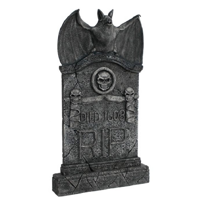 Fledermaus Grabstein mit Totenköpfen lebensgroß Dekorationsfigur