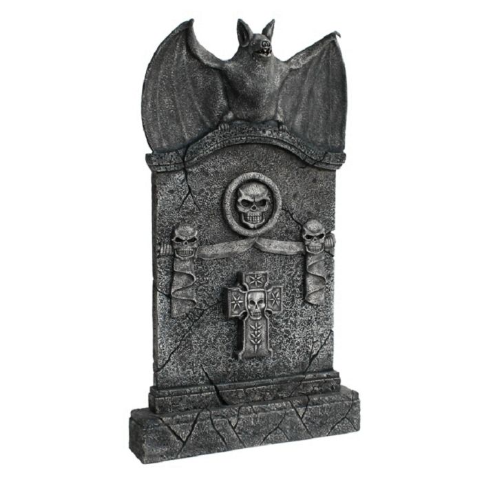 Fledermaus Grabstein mit Totenköpfen und Kreuz lebensgroß Dekorationsfigur