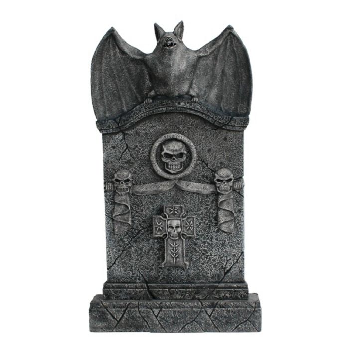 Fledermaus Grabstein mit Totenköpfen und Kreuz lebensgroß Dekorationsfigur
