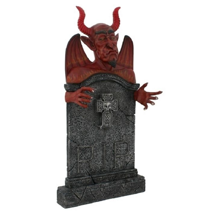 Teufel Grabstein mit Kreuz lebensgroß Dekorationsfigur